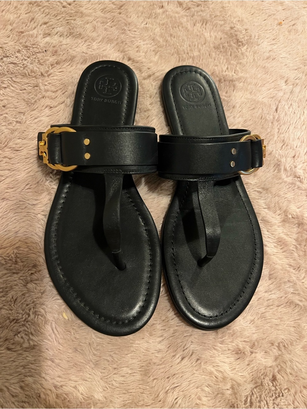 Tory Burch Black Leather Thong Sandals with Gold Buckle Detail